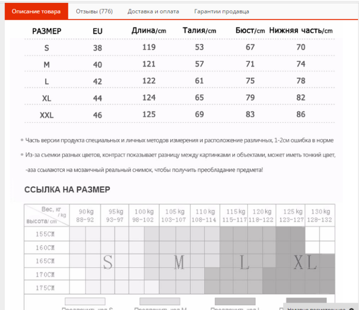 Размеры описание